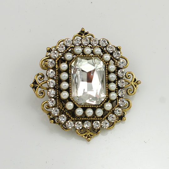Antique Brooch with Beads and Rhinestones